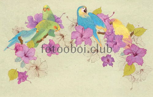 цветы, попугай, птицы, дизайнерские